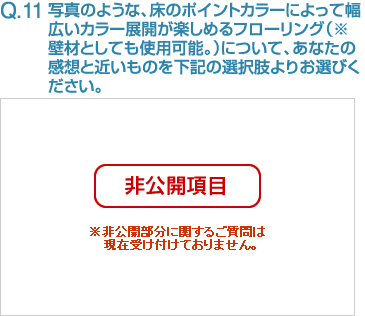 Q11:写真のような、床のポイントカラーによって幅広いカラー展開が楽しめるフローリング（※壁材としても使用可能。）について、あなたの感想と近いものを下記の選択肢よりお選びください。