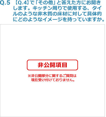 Q5:【Q.4】で「その他」と答えた方にお聞きします。キッチン周りで使用する、タイルのような非木質の床材に対して具体的にどのようなイメージを持っていますか。