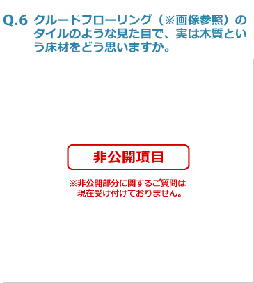 Q6:クルードフローリング（※画像参照）のタイルのような見た目で、実は木質という床材をどう思いますか。